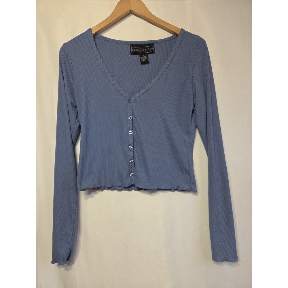Polly & Esther Women's Ribbed Cropped Henley Top Blue Long Sleeve Stretch Size L